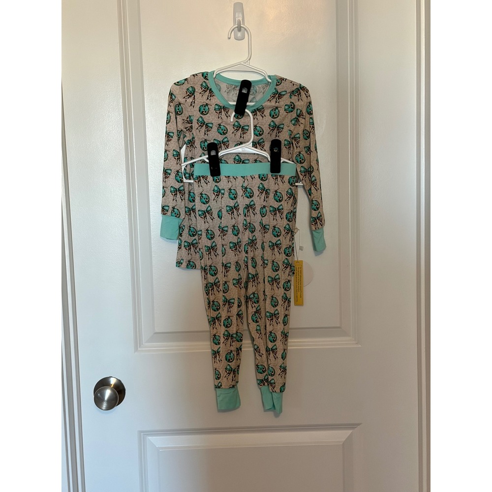 Gigi's Closet Kids Teal Ornament‎ Leopard Bow Bamboo Pajama Set 6T GG00609202F